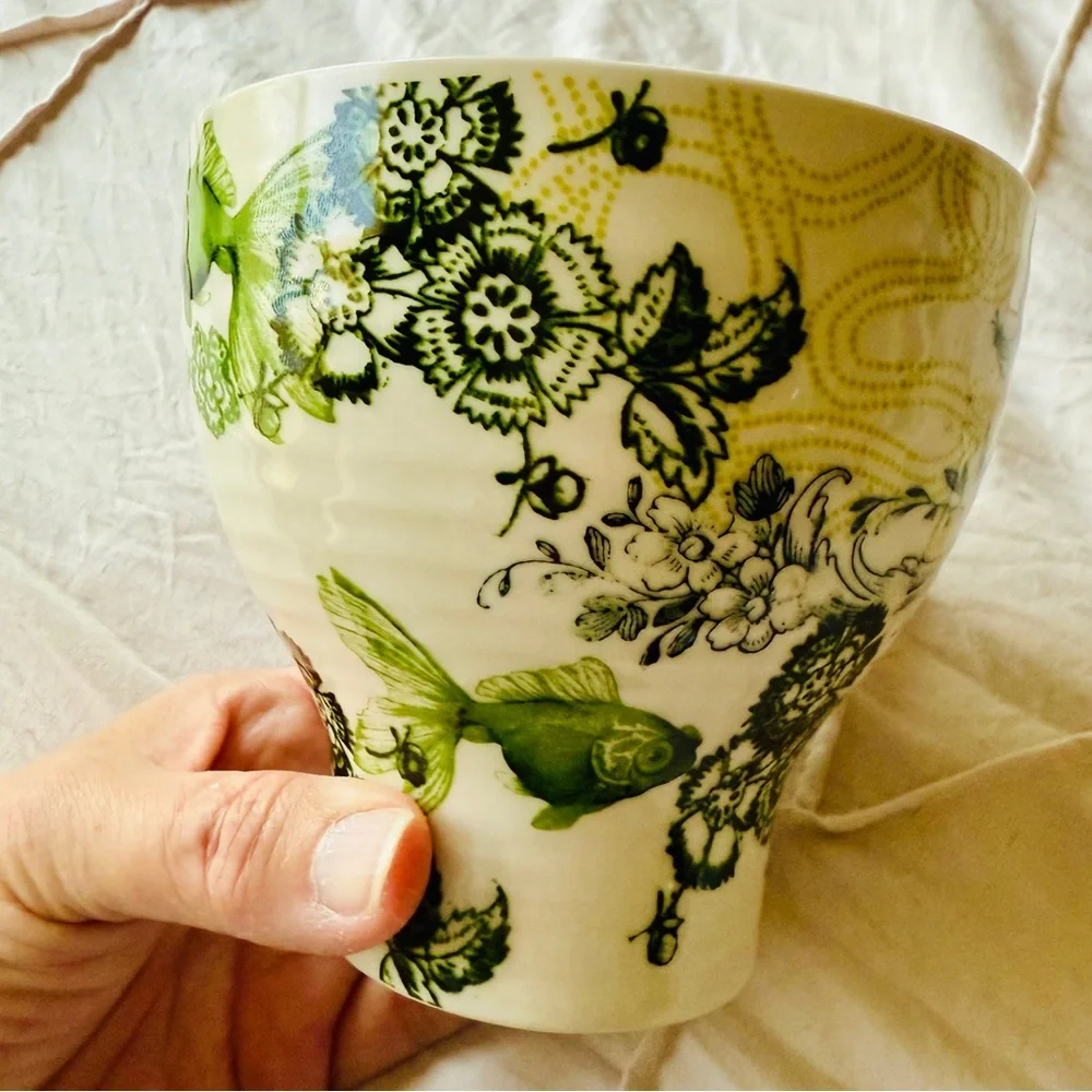 Anthropologie Menagerie Green Floral Fish Pedestal Coffee/Tea Mug - Picture 2 of 14